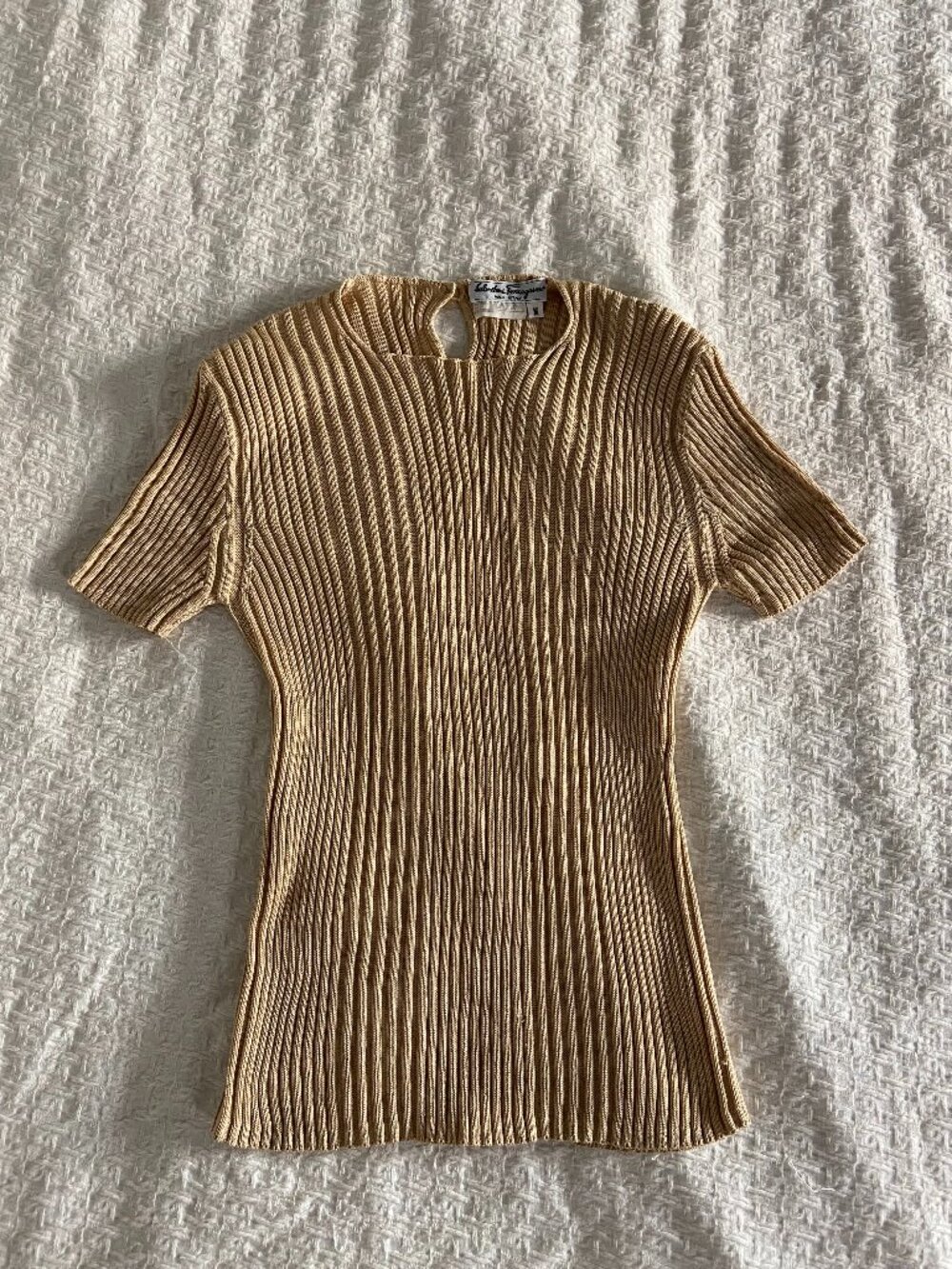 Salvatore Ferragamo Cotton Silk Blend Ribbed Knit Short Sleeve Top